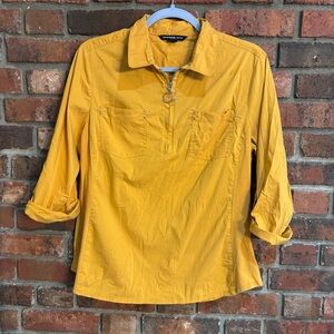 Zac & Rachel womens roll tab sleeve zippered neckline pullover shirt yellow PL